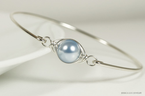 Sterling silver wire wrapped bangle bracelet with light blue pearl by Jessica Luu Jewelry