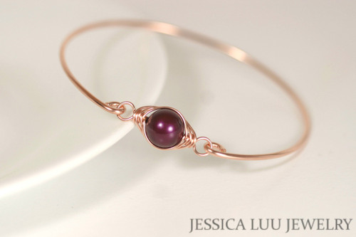 14k rose gold filled wire wrapped bangle bracelet with blackberry purple pearl handmade by Jessica Luu Jewelry