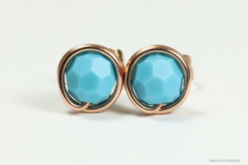 14K rose gold filled wire wrapped turquoise blue crystal round stud earrings handmade by Jessica Luu Jewelry