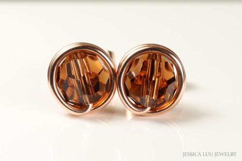 14K rose gold filled wire wrapped smoked topaz brown crystal round stud earrings handmade by Jessica Luu Jewelry