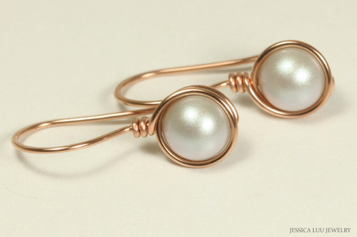 14K rose gold filled wire wrapped iridescent dove grey silver pearl drop earrings handmade by Jessica Luu Jewelry