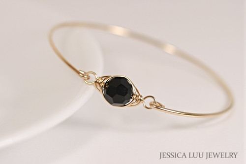 14k yellow gold filled wire wrapped bangle bracelet with jet black crystal handmade by Jessica Luu Jewelry