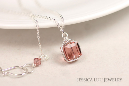 Sterling silver wire wrapped blush rose pink crystal cube pendant on chain necklace handmade by Jessica Luu Jewelry