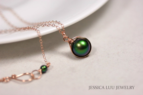 Rose Gold Green Pearl Necklace - Available with Matching Earrings and Other Metal Options