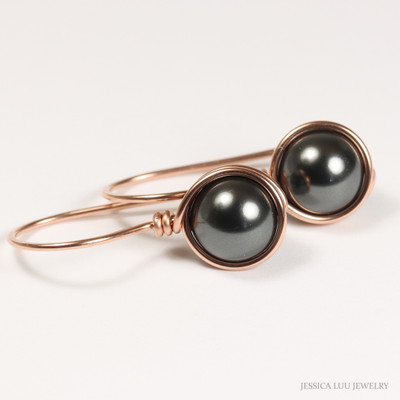 14k rose gold filled wire wrapped black pearl  pearl drop earrings handmade by Jessica Luu Jewelry