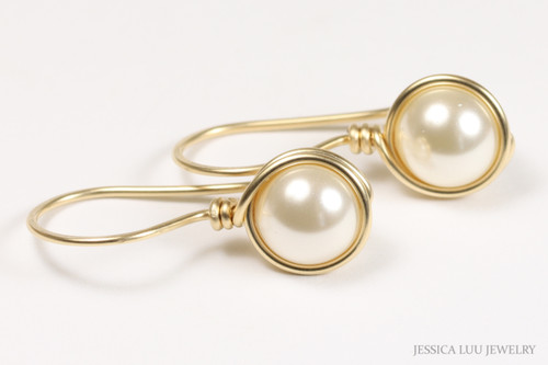 14K yellow gold filled wire wrapped ivory cream pearl drop earrings handmade by Jessica Luu Jewelry