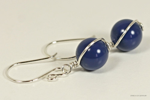 Sterling silver wire wrapped dark lapis blue pearl dangle earrings handmade by Jessica Luu Jewelry
