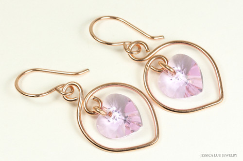 14K rose gold filled lavender violet crystal heart dangle earrings handmade by Jessica Luu Jewelry