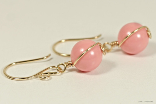 14K yellow gold filled wire wrapped pink coral dangle earrings handmade by Jessica Luu Jewelry