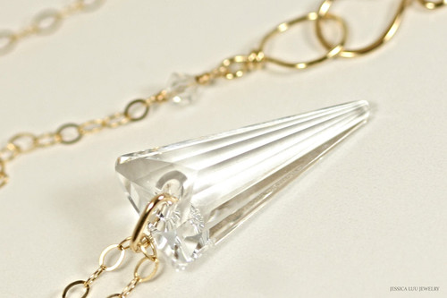 14K yellow gold filled clear crystal spike pendant on chain necklace handmade by Jessica Luu Jewelry