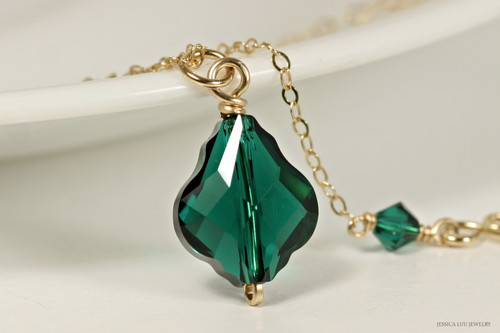 14K yellow gold filled emerald green crystal baroque pendant on chain necklace handmade by Jessica Luu Jewelry 14K yellow gold filled emerald green crystal baroque pendant on chain necklace handmade by Jessica Luu Jewelry