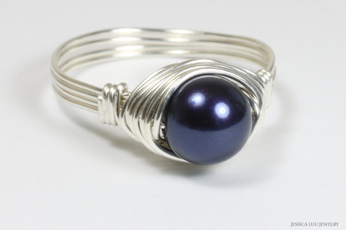 Sterling silver wire wrapped dark navy night blue pearl solitaire ring handmade by Jessica Luu Jewelry