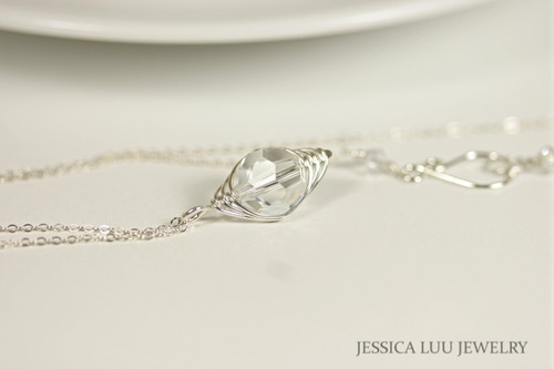 Sterling silver herringbone wire wrapped clear crystal pendant on chain necklace handmade by Jessica Luu Jewelry