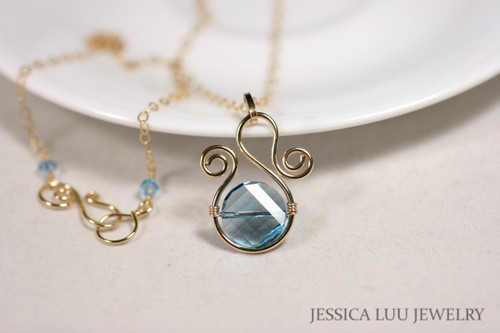 14K yellow gold filled wire wrapped aquamarine blue crystal pendant on chain necklace handmade by Jessica Luu Jewelry