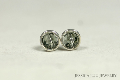 Sterling silver wire wrapped black diamond grey crystal round stud earrings handmade by Jessica Luu Jewelry