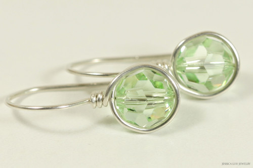 Sterling silver wire wrapped chrysolite light green crystal drop earrings handmade by Jessica Luu Jewelry