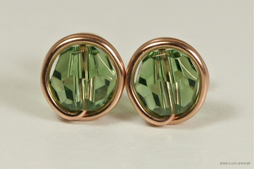 14K rose gold filled wire wrapped erinite green crystal round stud earrings handmade by Jessica Luu Jewelry