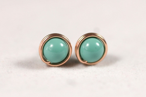 Rose Gold Jade Green Stud Earrings - Available in 3 Sizes and Other Metal Options