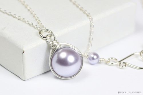 Sterling silver wire wrapped lavender pearl solitaire pendant on chain necklace handmade by Jessica Luu Jewelry