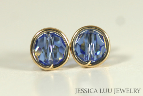 Gold Sapphire Blue Crystal Stud Earrings - Available in 2 Sizes and Other Metal Options