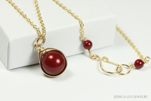 Gold wire wrapped dark red bordeaux pearl necklace handmade by Jessica Luu Jewelry