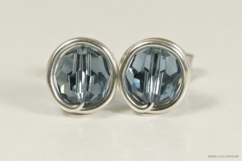 Sterling silver wire wrapped denim blue crystal round stud earrings handmade by Jessica Luu Jewelry