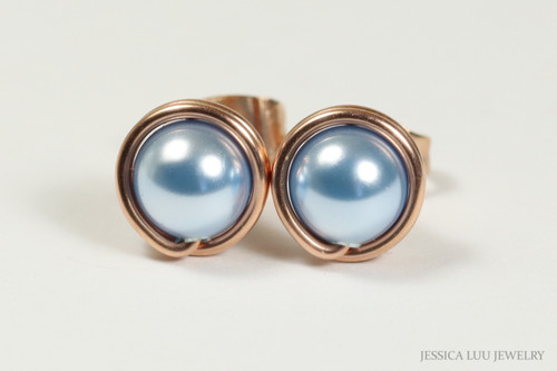 14K rose gold filled wire wrapped light blue pearl stud earrings handmade by Jessica Luu Jewelry