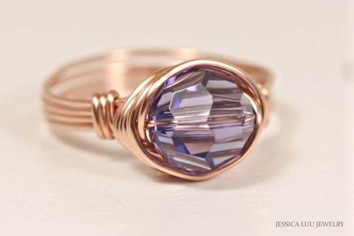 14K rose gold filled wire wrapped tanzanite blue purple crystal solitaire ring handmade by Jessica Luu Jewelry