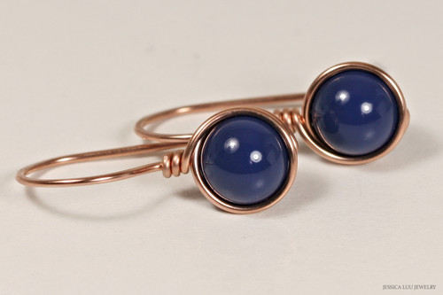 14K rose gold filled wire wrapped dark lapis blue drop earrings handmade by Jessica Luu Jewelry