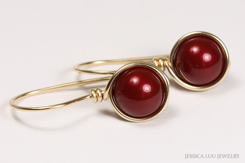 14K gold filled wire wrapped dark red bordeaux pearl earrings handmade by Jessica Luu Jewelry