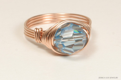 14K rose gold filled wire wrapped aquamarine crystal ring handmade by Jessica Luu Jewelry