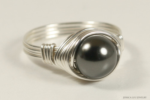 Sterling silver wire wrapped black pearl solitaire ring handmade by Jessica Luu Jewelry