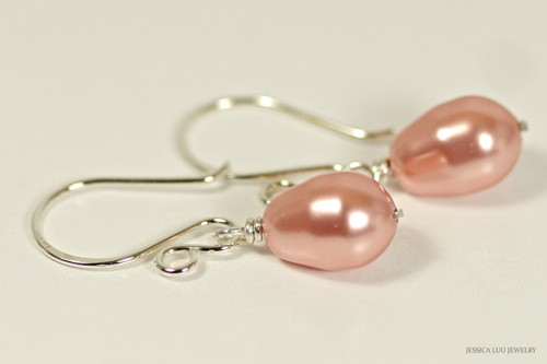 Sterling silver wire wrapped rose peach pearl teardrop dangle earrings handmade by Jessica Luu Jewelry