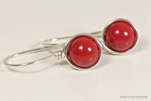 Sterling silver wire wrapped red coral drop earrings handmade by Jessica Luu Jewelry