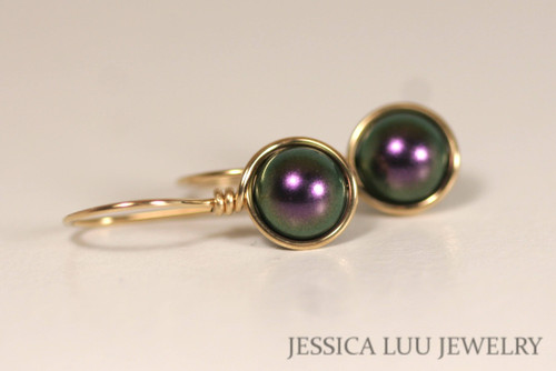 14K yellow gold filled wire wrapped iridescent purple pearl drop earrings handmade by Jessica Luu Jewelry