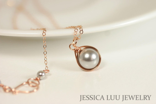 Rose Gold Silver Pearl Necklace - Available with Matching Earrings and Other Metal Options
