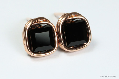 14K rose gold filled wire wrapped jet black cube stud earrings handmade by Jessica Luu Jewelry