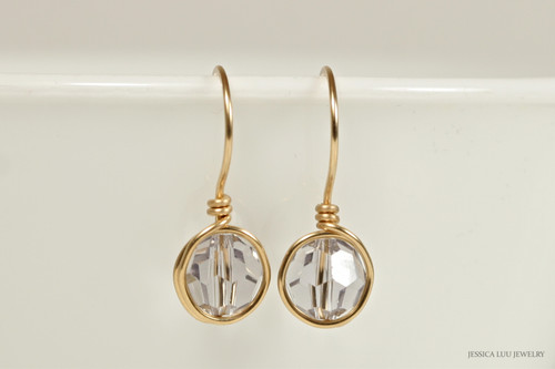 14K yellow gold filled wire wrapped light purple smoky mauve crystal drop earrings handmade by Jessica Luu Jewelry