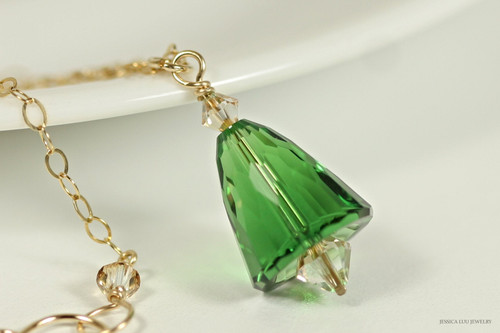 14K yellow gold filled dark moss green and golden shadow crystal pendant on chain necklace handmade by Jessica Luu Jewelry