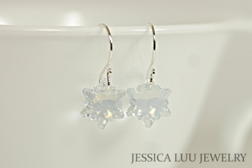 Sterling silver light blue shade crystal edelweiss snowflake dangle earrings handmade by Jessica Luu Jewelry