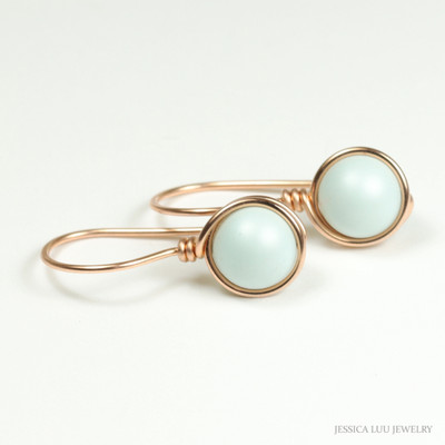 14K rose gold filled wire wrapped pastel blue pearl drop earrings handmade by Jessica Luu Jewelry