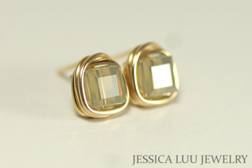 14K yellow gold filled wire wrapped tan sand opal crystal cube stud earring handmade by Jessica Luu Jewelry