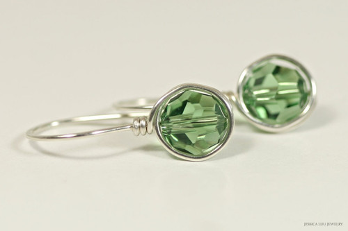 Sterling silver wire wrapped erinite green crystal drop earrings handmade by Jessica Luu Jewelry