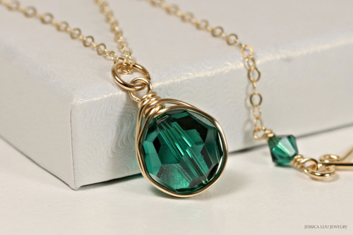 14k yellow gold filled wire wrapped pendant on chain necklace with emerald green crystal handmade  by Jessica Luu Jewelry