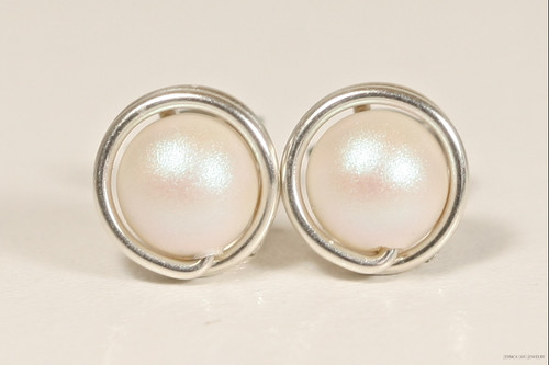 Sterling silver wire wrapped iridescent pearlescent white pearl stud earrings handmade by Jessica Luu Jewelry