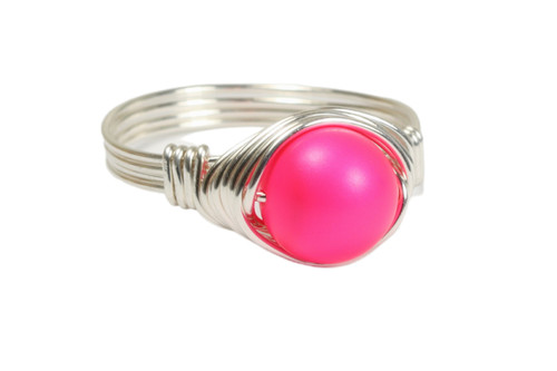 Sterling silver wire wrapped neon pink  pearl ring handmade by Jessica Luu Jewelry