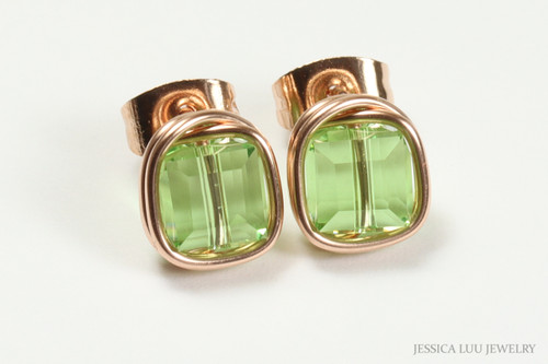 14K rose gold filled wire wrapped 6mm peridot light green cube crystal stud earrings handmade by Jessica Luu Jewelry