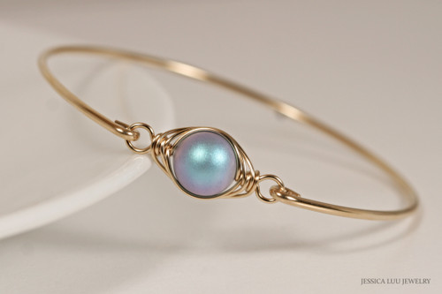 14K yellow gold filled wire wrapped bangle bracelet with iridescent light blue pearl handmade by Jessica Luu Jewelry