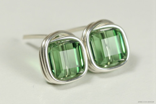 Sterling silver wire wrapped erinite crystal cube stud earrings handmade by Jessica Luu Jewelry