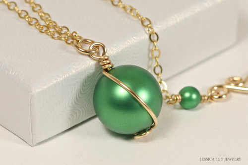 14K yellow gold filled wire wrapped eden green pearl solitaire pendant on chain necklace handmade by Jessica Luu Jewelry
